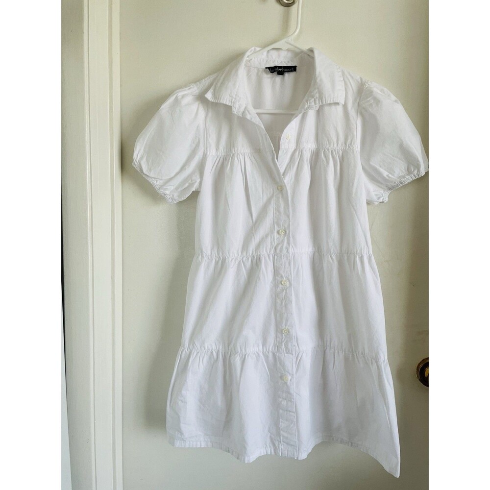 Derek Heart Solid White A-Line Dress Short Puff Sleeve Collared Button Cotton M